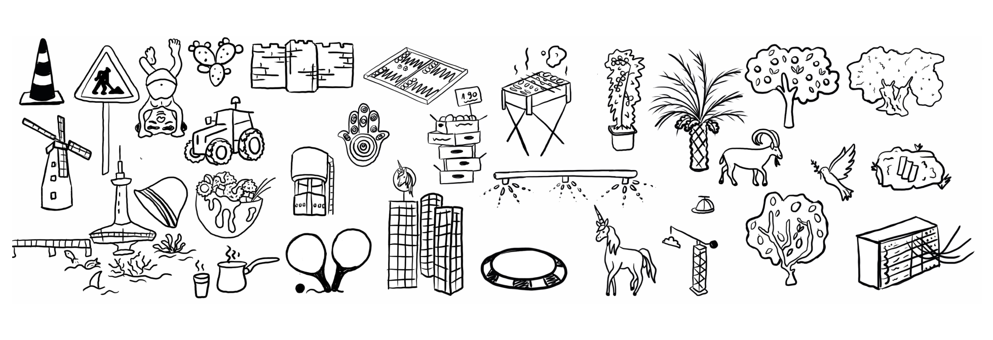 Sketch of the maps elements: Unicorn, DBG standing on his head, Azrieli Center, data center, and the Israel National Trail