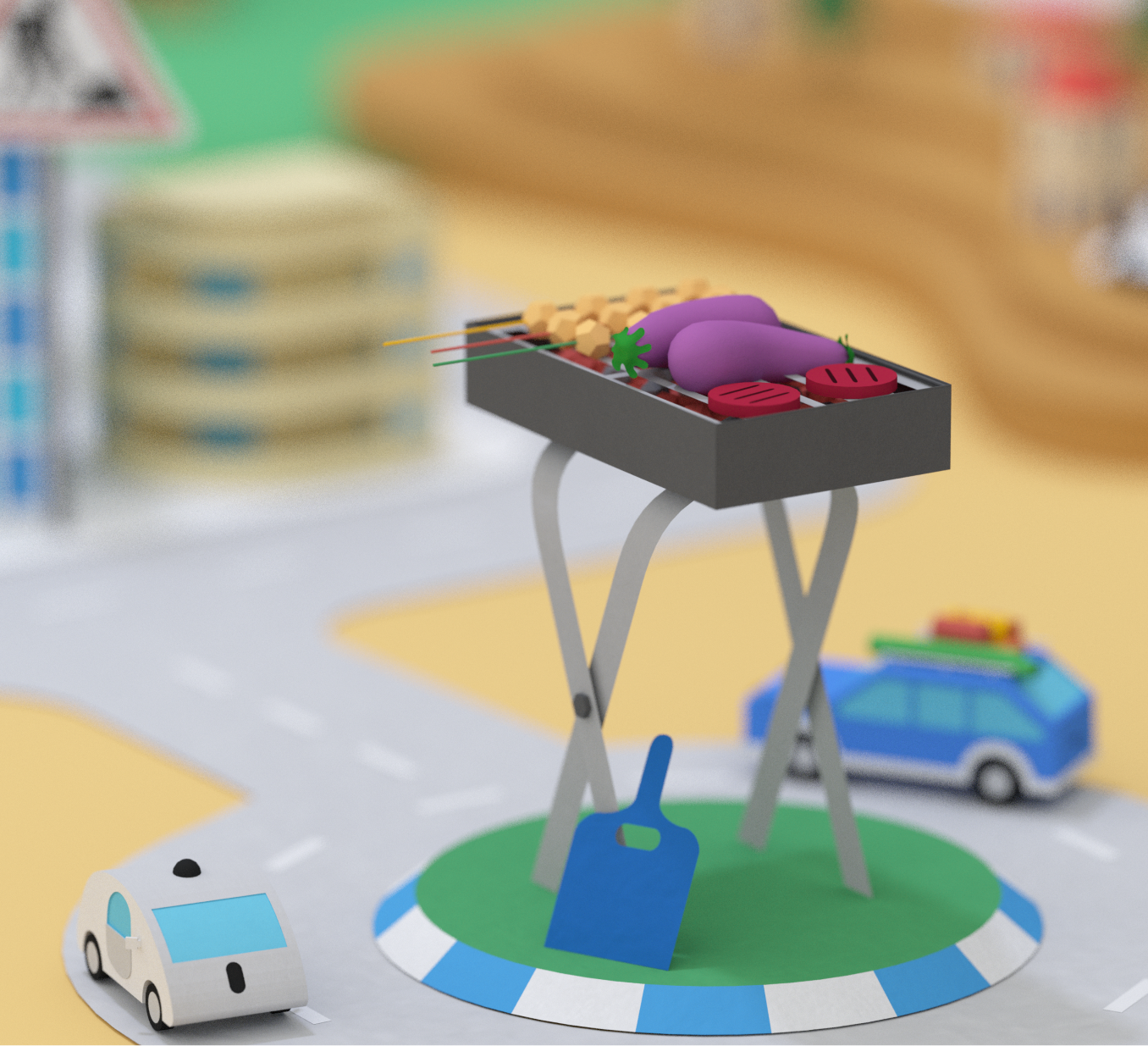 3D rendering of a giant BBQ in the middle of a traffic circle