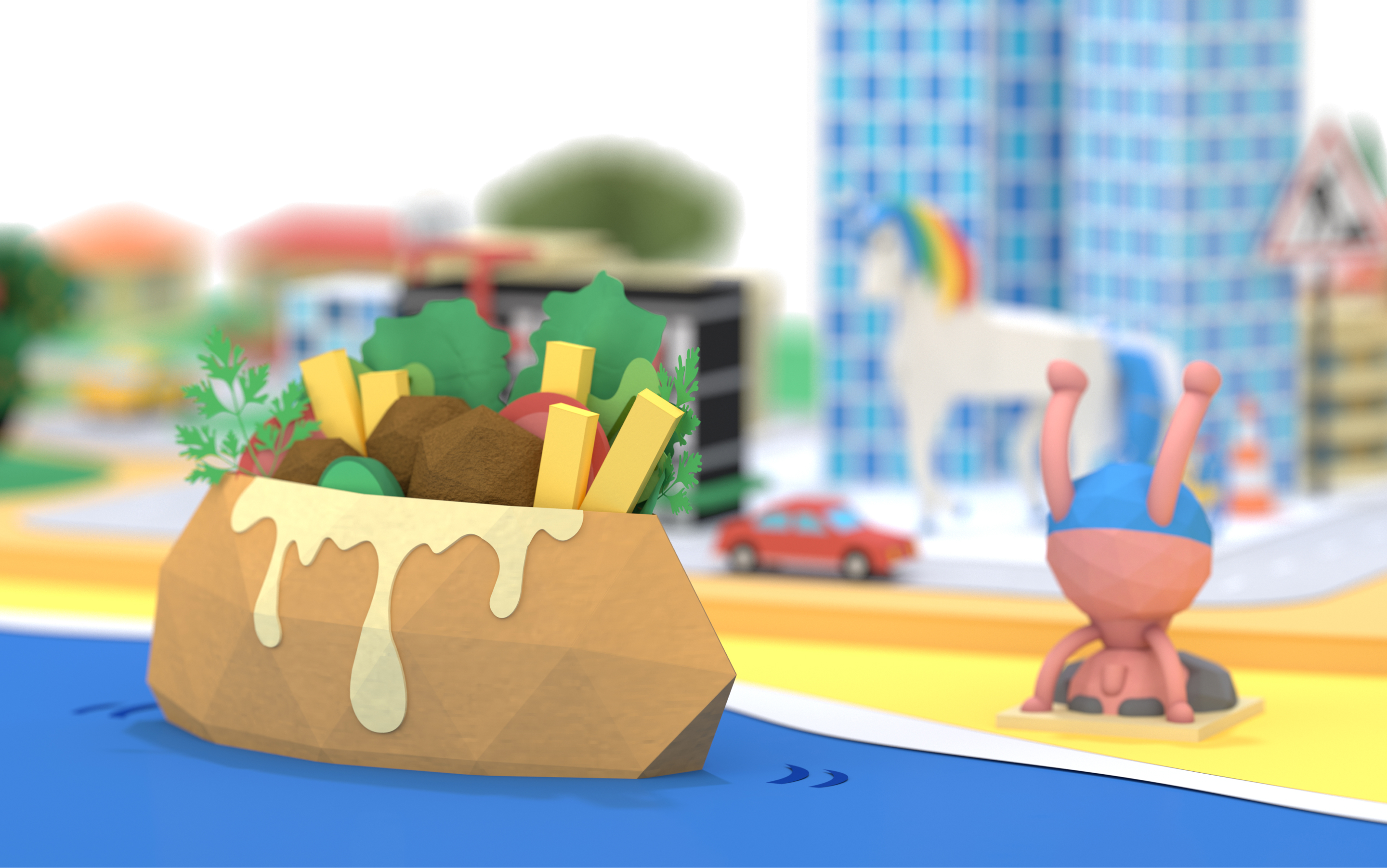 3D rendering of a giant falafel floating in the Mediterranean Sea in front of David Ben Gurion standing on his head